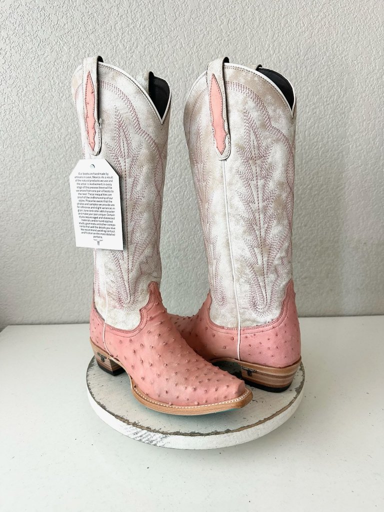 Lane Skylight Pink Cowboy Boots Ostrich Western Cowgirl Mid Calf Snip Toe 6.5